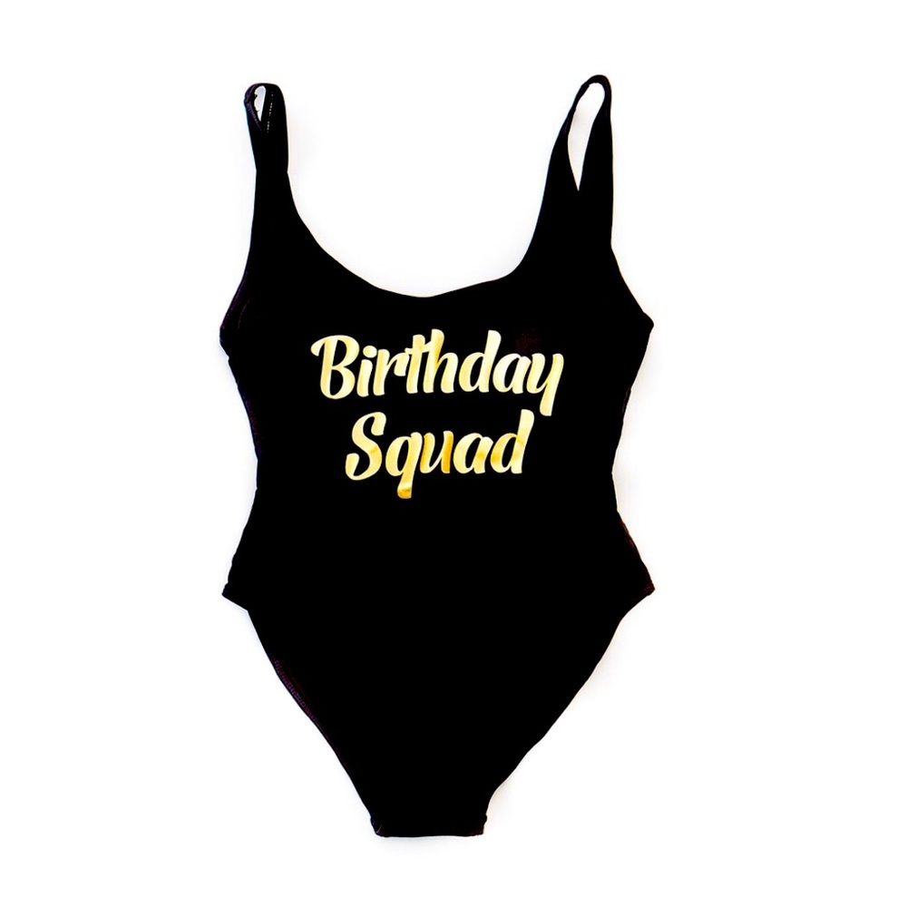 SUMMER 🤩 SALE 
Black Swimsuit, "Birthday Squad", In Gold Glitter,